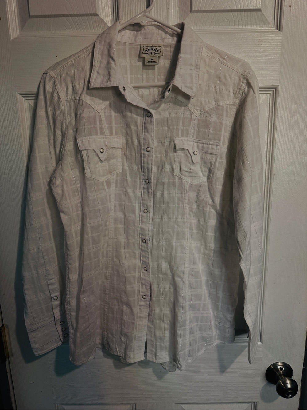 Women’s Ariat White Long-Sleeve Button-Up Shirt With Sheer Back.
